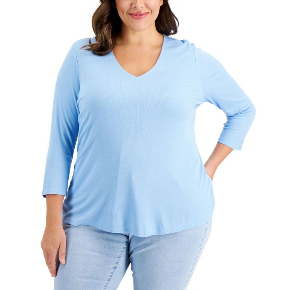 INC International Concepts Plus Size Ribbed V Neck Top